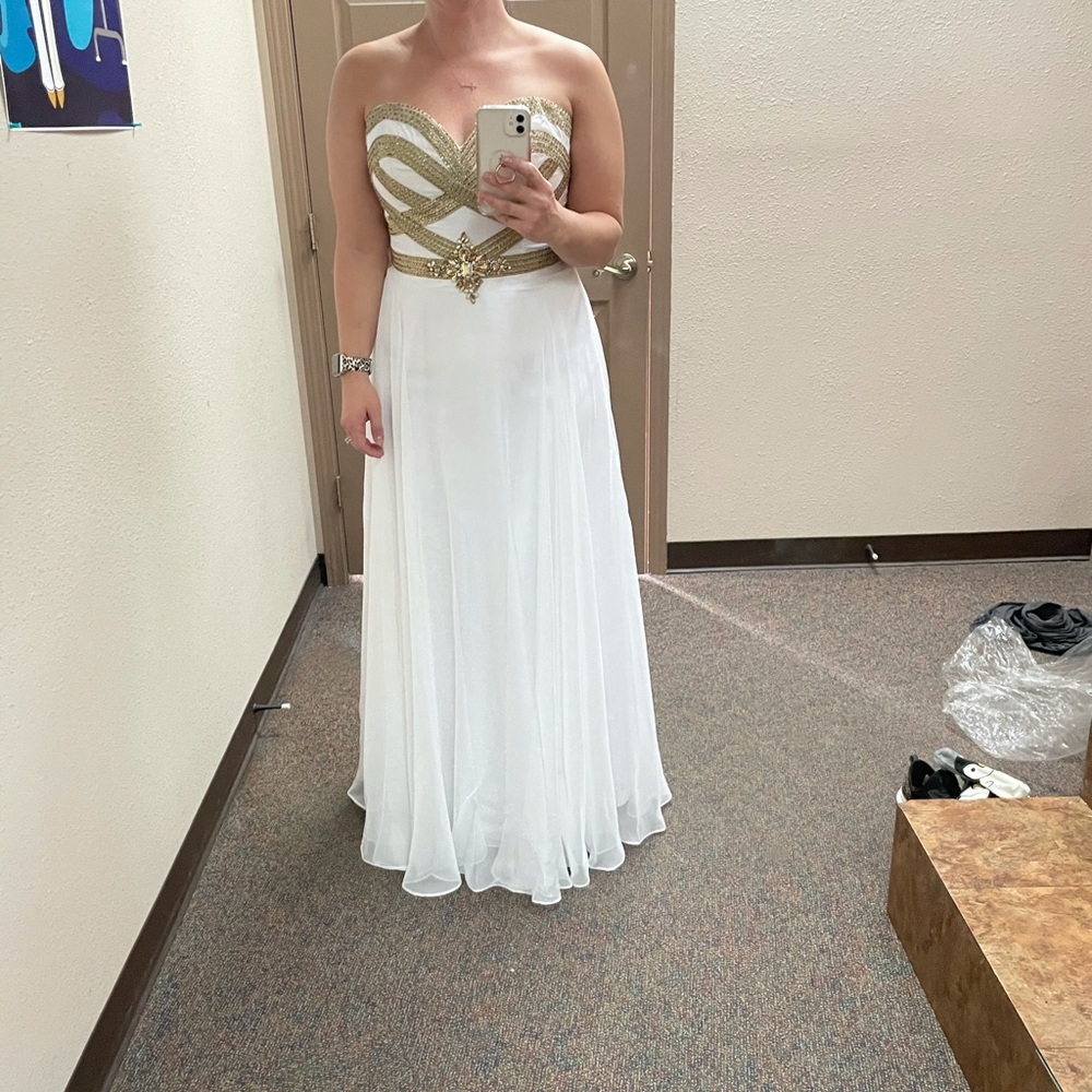 White/gold 3 layer gown altered for 5’8” height.